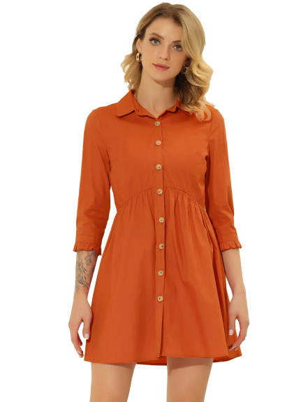 Allegra K- 3/4 Sleeve Button Up Flare Shirt Dress