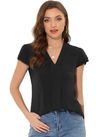 Allegra K - Summer V-Neck Solid Chiffon Blouse