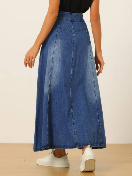 Allegra K- High Waisted A-Line Flared Maxi Denim Skirt