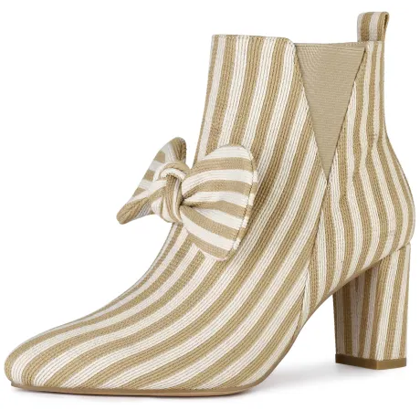 Allegra K - Pointed Toe Bow Striped Ankle Boots