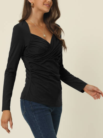 Allegra K- Wrap Sweetheart Long Sleeve Blouse