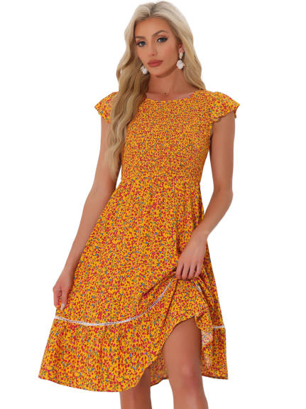 Allegra K - Fit and Flare Floral Midi Smocked Dress