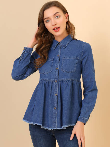 Allegra K- Long Sleeve Peplum Button Down Denim Shirt