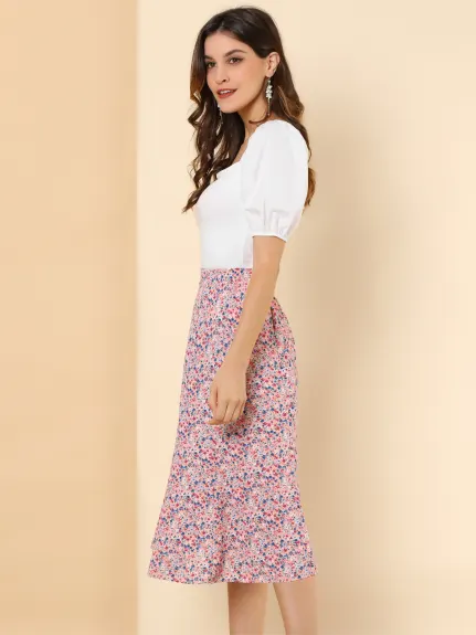 Allegra K- Elastic Waist A-Line Midi Leave Print Skirt