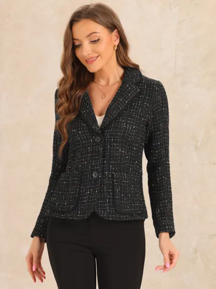 Allegra K- Vestes blazer à revers cranté en tweed à carreaux