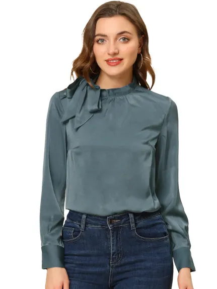 Allegra K - Bow Tie Neck Elegant Satin Blouse