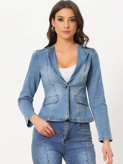 Allegra K- Stretchy Lapel Collar Jean Jackets