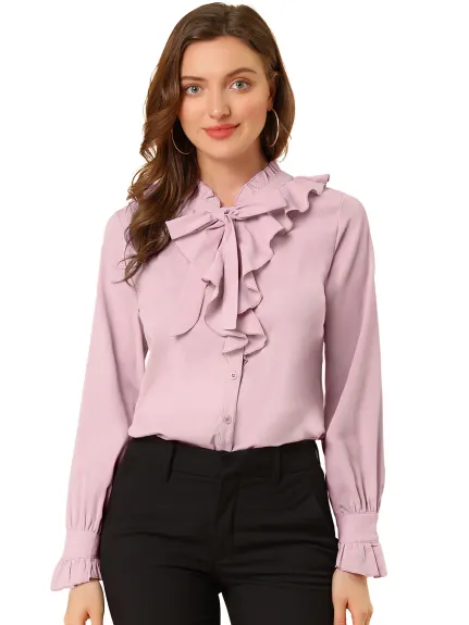 Allegra K- Ruffle Neck Cuff Button Front Shirt