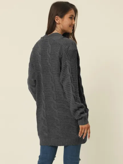 Allegra K- Cable Knit Open Front Sweater Cardigan with Pockets