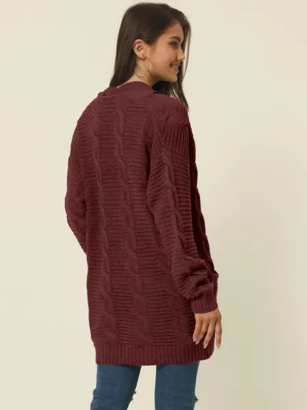 Allegra K- Cardigan pull ouvert sur le devant en tricot torsadé avec poches