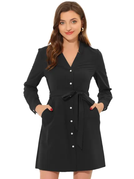 Allegra K- Notched V Neck Stand Collar Button Down Belted Dress