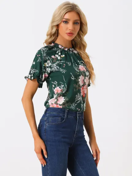 Allegra K- Floral Short Sleeve Ruffle Neck Blouse