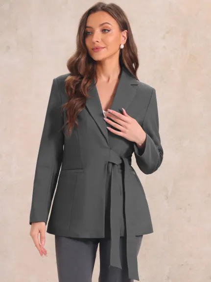 Allegra K- Long Sleeve Belted Jacket Suit Blazer