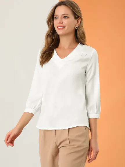 Allegra K- Satin Long Sleeve V Neck Top Shirt Blouse