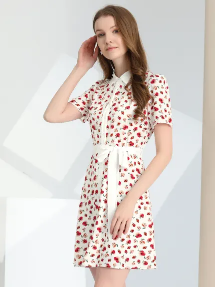 Allegra K- robe chemise florale ceinturée à manches courtes et col contrasté