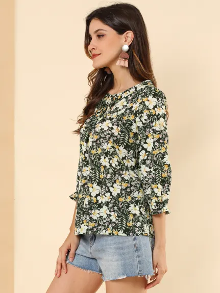 Allegra K- Tie V Neck Ruffled 3/4 Sleeve Floral Blouse