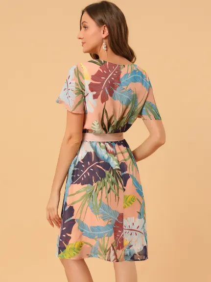 Allegra K- Leaf Prints V-Neck Belted Chiffon Dress