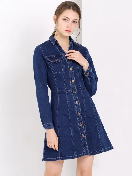 Allegra K- Robe chemise en jean à manches retroussées et col en V