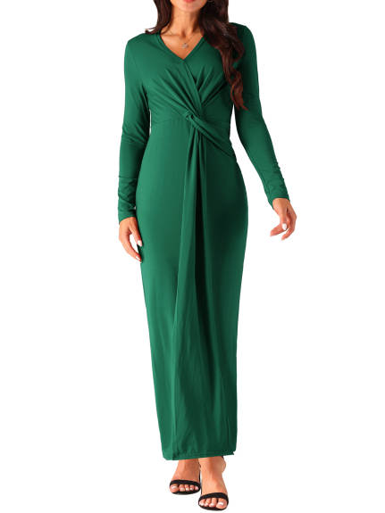 Allegra K - Long Sleeve V-Neck Split Hem Bodycon Maxi Dress