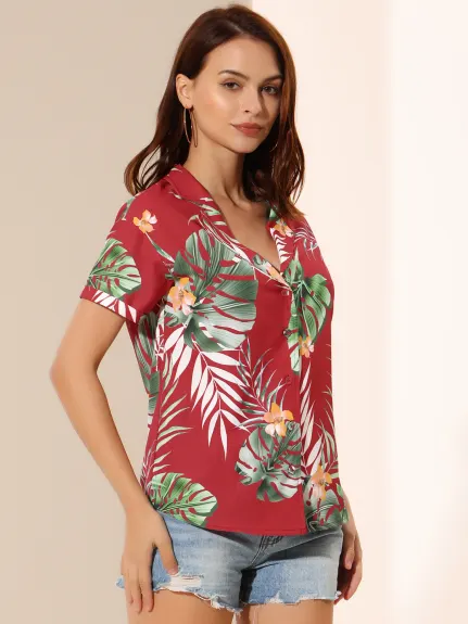 Allegra K- Beach Tropical Floral Leaves Button Down Shirt