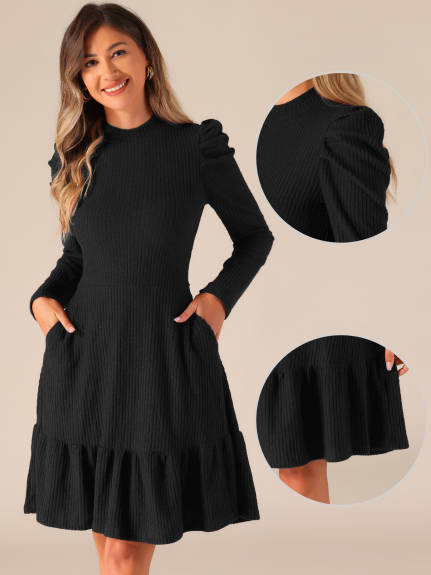 Allegra K - Crew Collar Stretchy Puff Long Sleeve Knit Dress