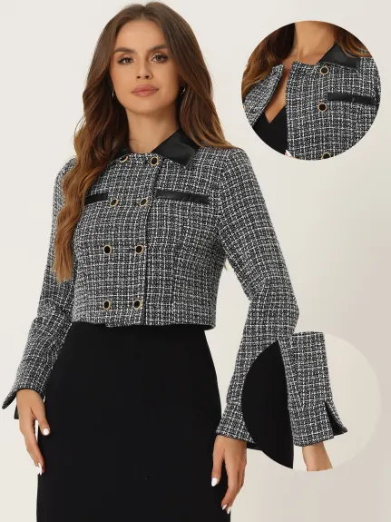 Allegra K - Contrast Collar Tweed Plaid Blazer