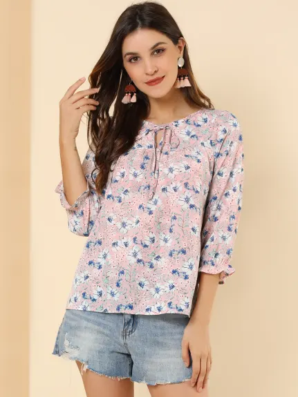 Allegra K- Tie V Neck Ruffled 3/4 Sleeve Floral Blouse