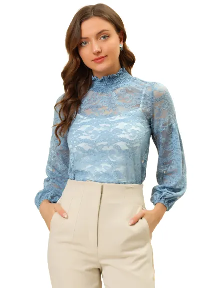 Allegra K- Blouse transparente en dentelle florale à col montant et volants