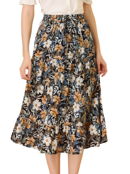 Allegra K- Floral Sunflower Tiered Chiffon A-Line Skirt