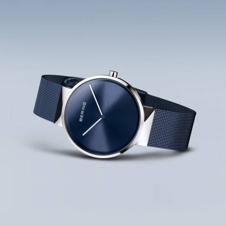 BERING - Montre classique en acier inoxydable pour hommes de 39 mm en argent/bleu