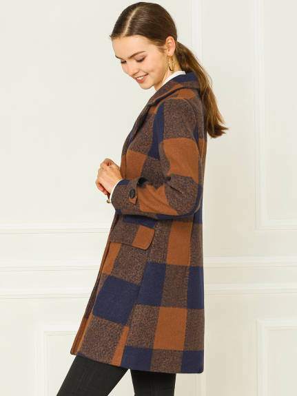 Allegra K- Notched Lapel Double Breasted Plaid Overcoat