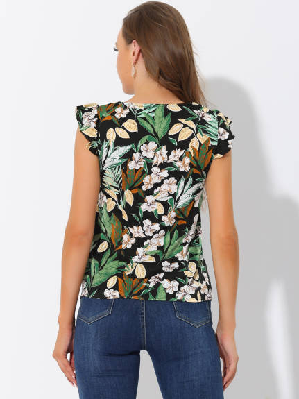 Allegra K - Printed Ruffle Sleeve Tropical Tank Top