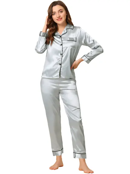 Allegra K - Satin Button Down Lounge Pajama Sets