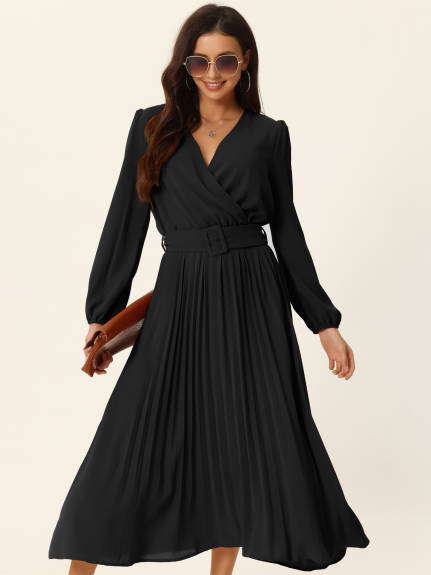 Allegra K- Pleated Puff Long Sleeve V Neck Belt Waist Midi Dress