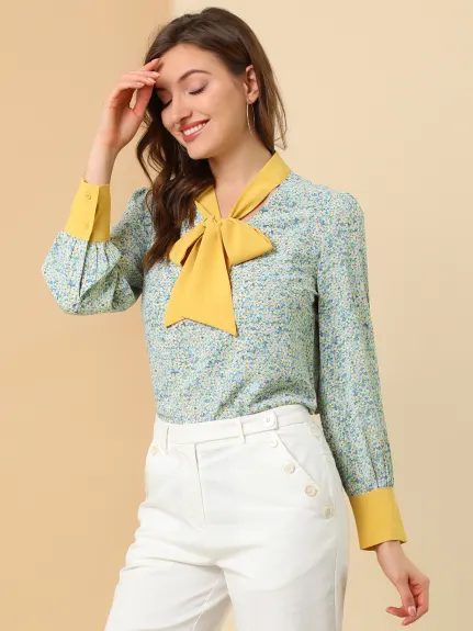 Allegra K- Bow Tie Long Sleeve Contrast Color Floral Blouse