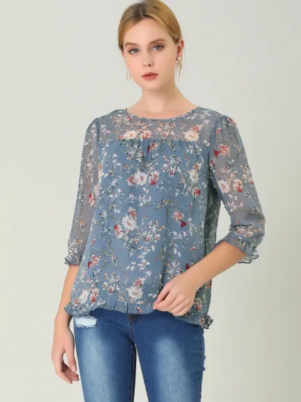 Allegra K- Blouse florale en mousseline à manches 3/4 et à volants