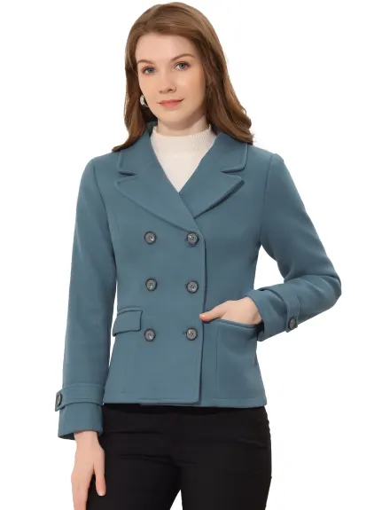 Allegra K- Worsted Notched Lapel Double Breasted Overcoat