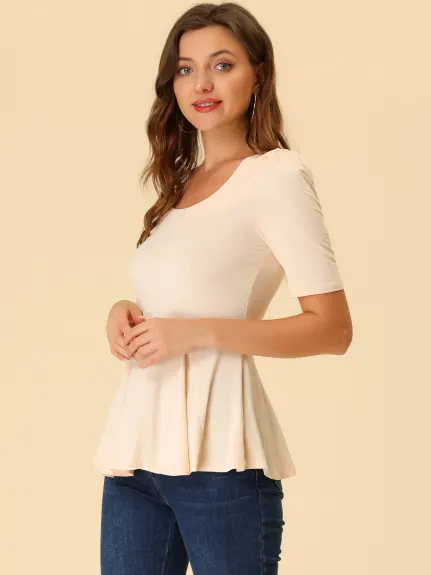 Allegra K- Stretchy Pad Shoulder Scoop Neck Flare Peplum Blouse