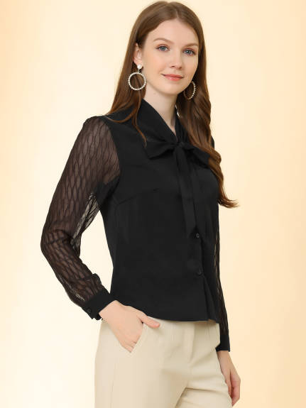 Allegra K - Lady Tie Neck Chiffon Long Sleeve Shirt