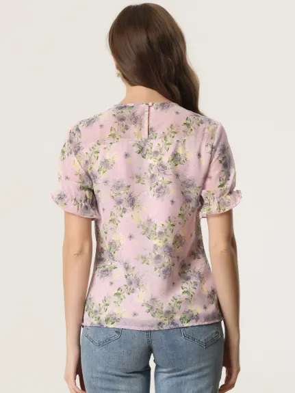 Allegra K- Chiffon Ruffled Trim Floral Blouse