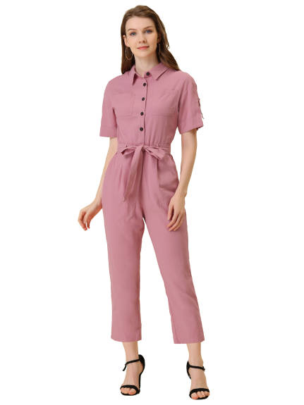 Allegra K- Turndown Collar Button up Tie Waist Cargo Jumpsuit