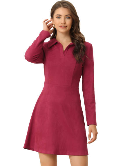 Allegra K- Faux Suede V Neck Long Sleeve A-Line Mini Dress