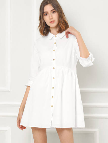 Allegra K- 3/4 Sleeve Button Up Flare Shirt Dress