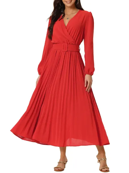 Allegra K- Pleated Puff Long Sleeve V Neck Belt Waist Midi Dress