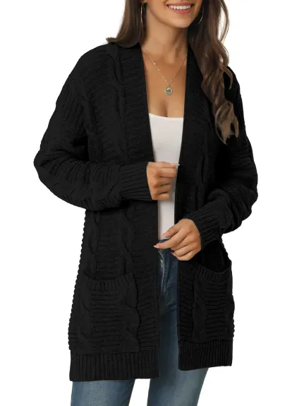 Allegra K- Cable Knit Open Front Sweater Cardigan with Pockets