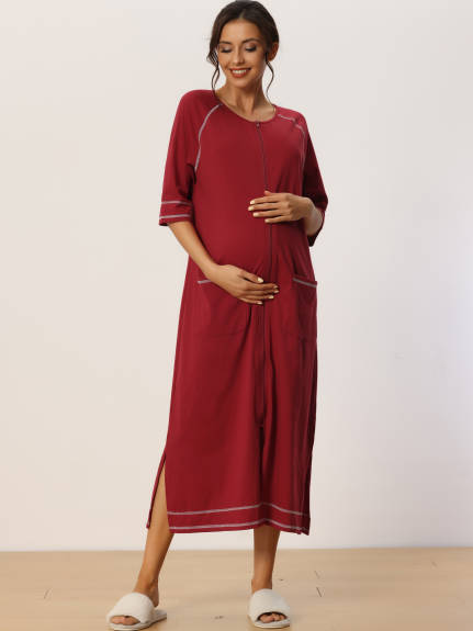 cheibear - Zipper Long Sleeve Midi Nightgown with Pockets