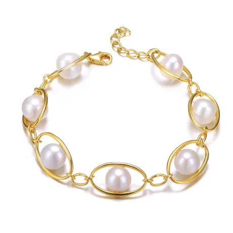 Bracelet à maillons ovales en argent sterling plaqué or 14 carats avec véritables perles d'eau douce
