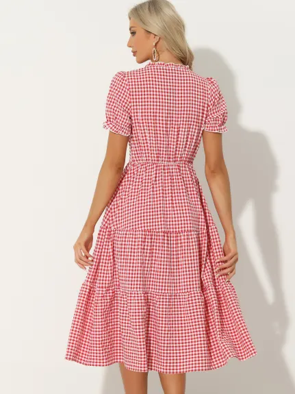 Allegra K- Gingham voffle Trim V robe bouton col