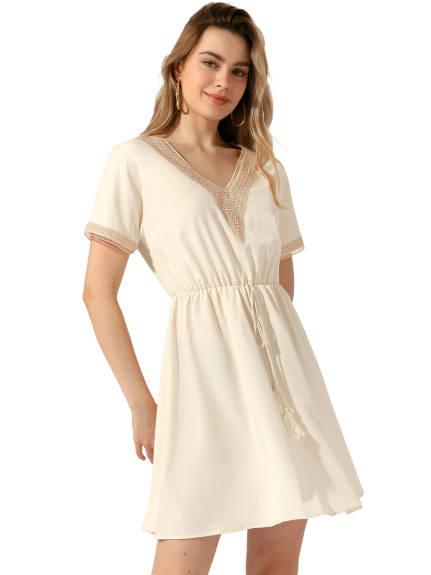 Allegra K - Crochet Trim V-Neck Short Sleeve Dress