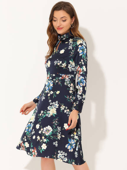 Allegra K- Mock Neck Long Sleeve Floral Satin Midi Dress